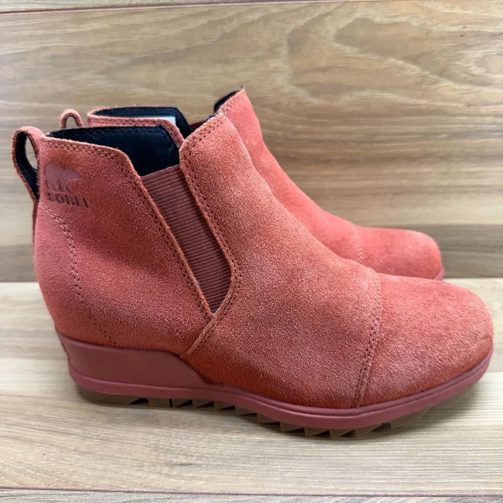 Sorel Evie Ankle Wedge Boots Womens 6 Warp Red‎ Suede Slip On